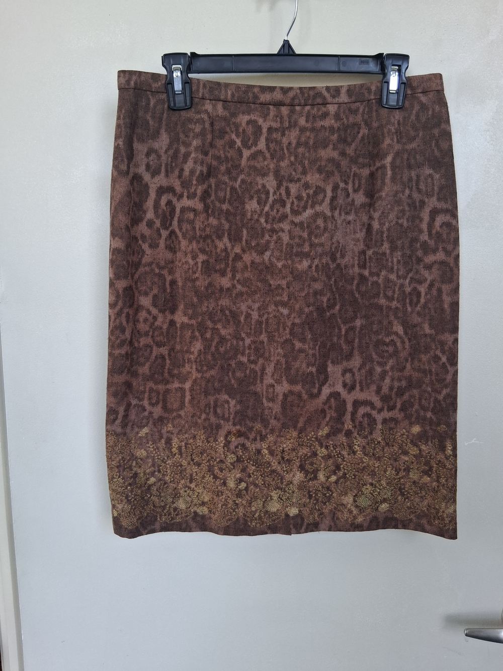 Eccoci Brown Leopard Print Pencil Skirt with Embellished Hem